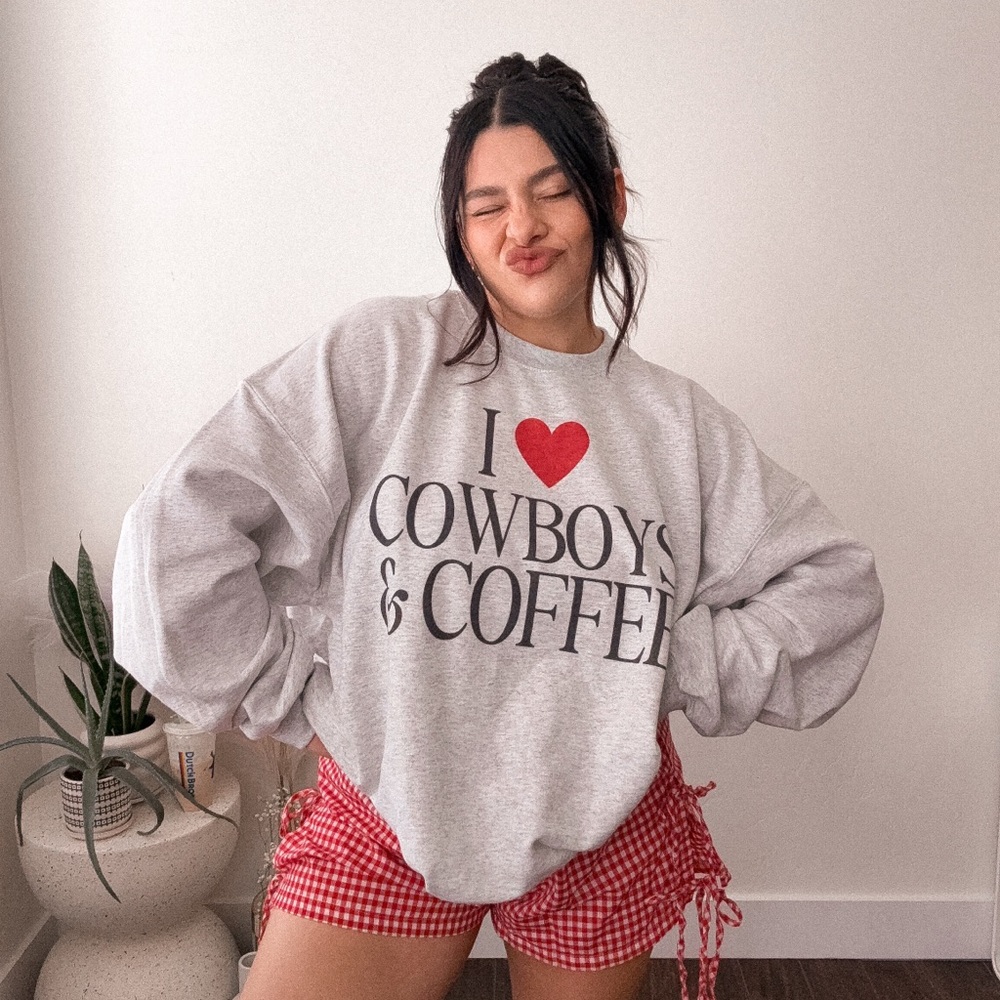 I Love Cowboys & Coffee Crewneck Sweater in Ash Gray